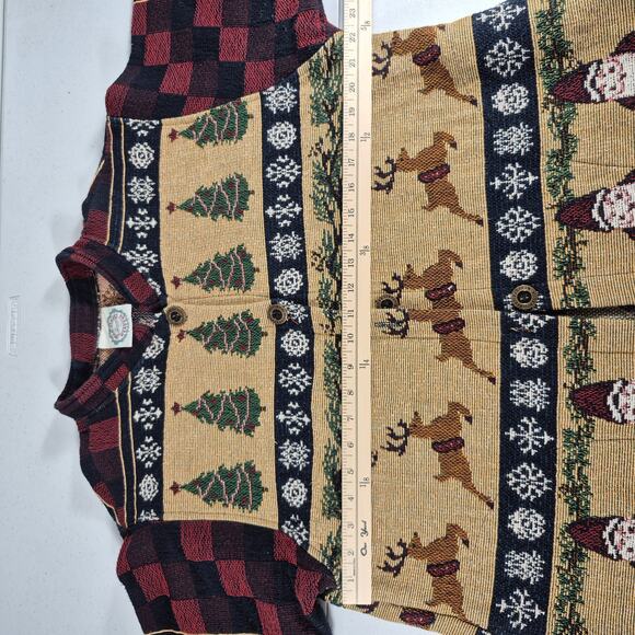 Sugar Street Weavers Vintage USA Red Green Santa Reindeer Tapestry Jacket L - Picture 3 of 7